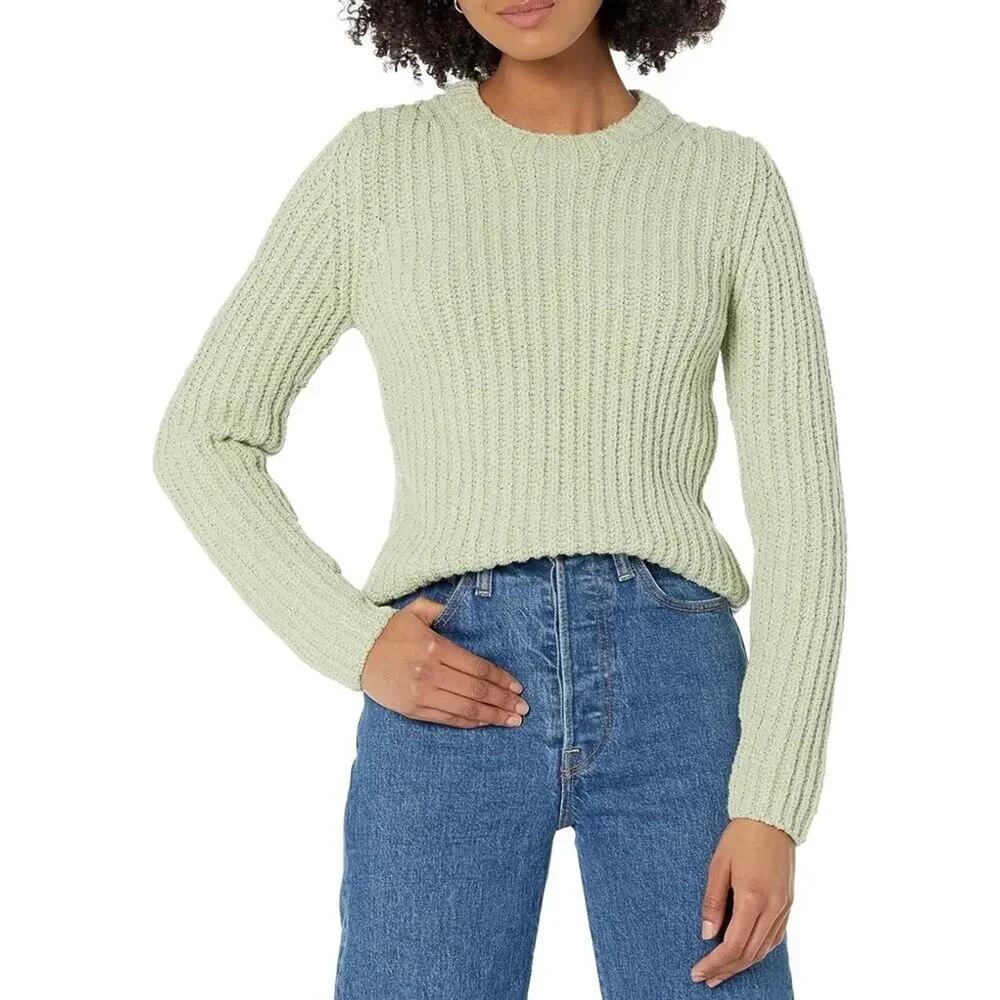 VINCE Crimped Cotton Crew Neck Sweater Womens Medium Light Green Long Sleeve